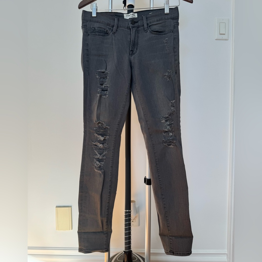 Frame - Le Skinny De Jeanne -  Women's Distressed Dark Gray Jeans - 27 (used)